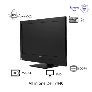 تصویر جزئیات آل این وان Dell OptiPlex 7440 با نمایش پورت‌ها و برچسب مشخصات دستگاه